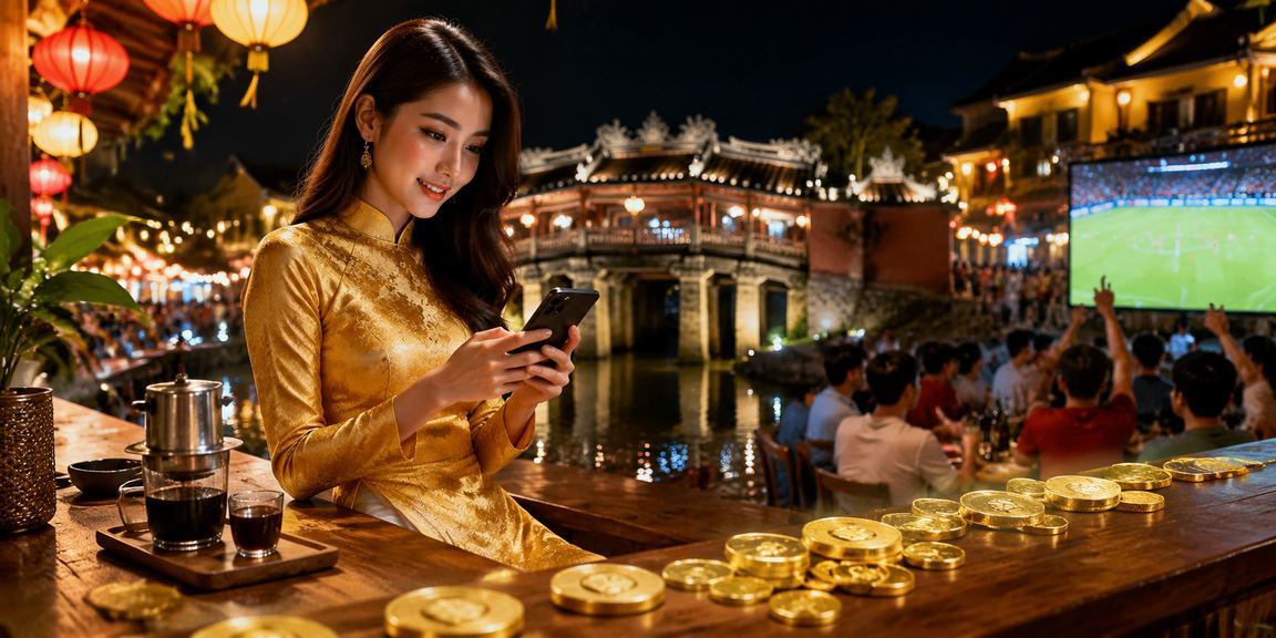 Phụ nữ mặc áo dài tại Hội An dùng điện thoại truy cập cn1