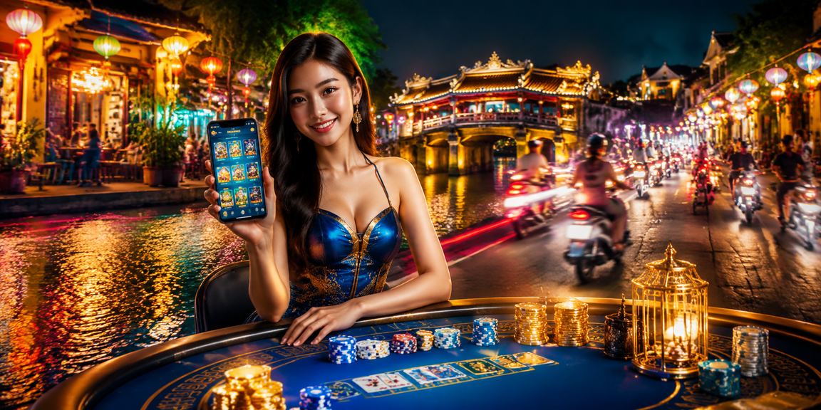 Người chơi đăng nhập casino trực tuyến trên điện thoại tại chợ đêm Hội An về đêm